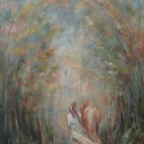 Enchanted Journey horse art print woman friendship pastel forest