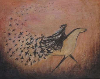 Raven Wind art print crows with powerful woman shaman rider equestrian Native on buckskin horse