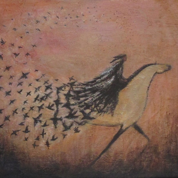 May include: A painting of a person riding a horse with a trail of black birds flying behind them. The background is a soft orange color.