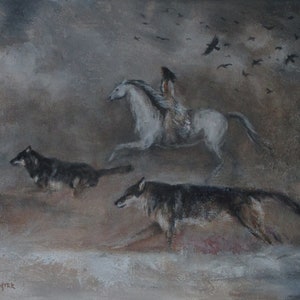 Running Wild horse art print with wolves and ravens