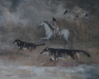 Running Wild horse art print with wolves and ravens