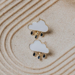 Cute Cloud Enamel Earrings, Gold Cloud Raindrops Stud Earrings, Delicate Earrings, Gift For Her, Cloud Jewellery, Stud Earrings