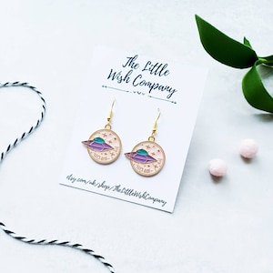 Alien Spaceship Enameled Dangle Earrings, Novelty Alien Spacecraft Earrings, Alien Jewellery Gift, Outer Space Gift, Alien Spaceship Gift