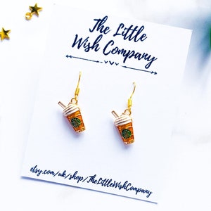 Starbucks Earrings, Playful Coffee Cup Dangle Earrings, Gold Plated Coffee Earrings, Coffee Inspired Jewellery, Gift For Coffee Addict