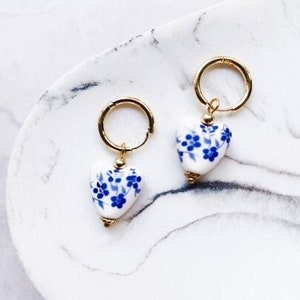 Ceramic Gold Heart Dangle Earrings, Gold Plated Drop Earrings, Hoop Earrings, Ceramic Jewellery, Gift For Her, Unique Earrings, Ceramic Gift