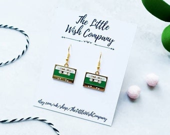 Green Retro Tape Cassette Earrings, 90's Enamel Novelty Earrings, 90's Baby Dangle Earrings, Tape Cassette Gift, Fun Earrings, 80's Gift