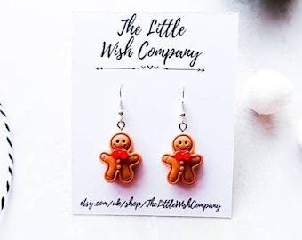 Christmas Gingerbread Man Earrings, Fun Xmas Day Dangle Earrings, Christmas Jewellery, Cute Xmas Gift, Playful Xmas Party Drop Earrings