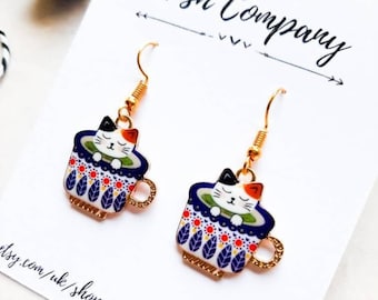 Fun Cat In A Cup Dangle Earrings, Enamel Drop Earrings, Playful Cat Earrings, Cat Jewellery, Cat Gift, Cup Jewellery, Girls Earrings