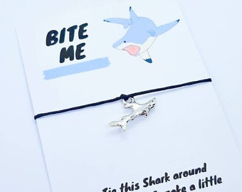 Bite Me Wish Bracelet, Shark Charm Bracelet, Make A Wish Shark Bracelet, Shark Gift, Shark Jewellery, Fun Shark Card, Bite Me Card
