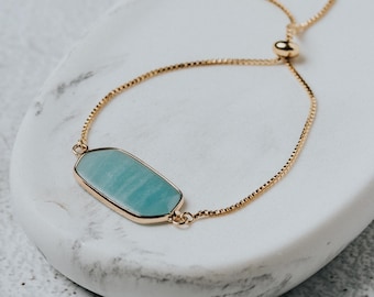 Pulsera rectangular ajustable de turquesa aguamarina, pulsera ajustable con palanca de oro, pulsera inspirada en piedras preciosas, regalos para ella, joyas para ella