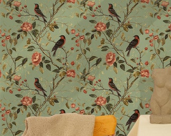 Vintage Birds and Roses Wallpaper: Elegant Floral Wall Mural - Peel and Stick