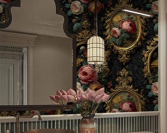 Luxury Baroque Floral Wallpaper, Dark Vintage Flowers with Golden Frames, Victorian Elegant Wall Mural