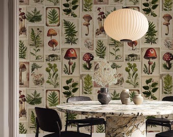 Mushroom Botanical Wallpaper Peel and Stick - Beige Secret Garden Wall Mural