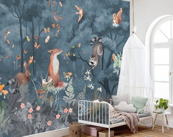 Whimsical Woodland Animals Wallpaper for Kids&#39; Room - Dark Blue Background - Peel and Stick Wallpaper -Removable Wallpaper