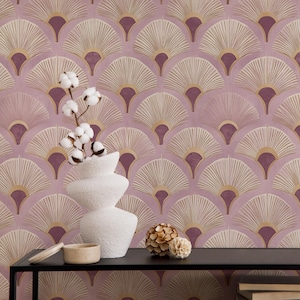Art Deco Wallpaper: Blush Pink & Gold Fan Pattern, Removable Wall Mural