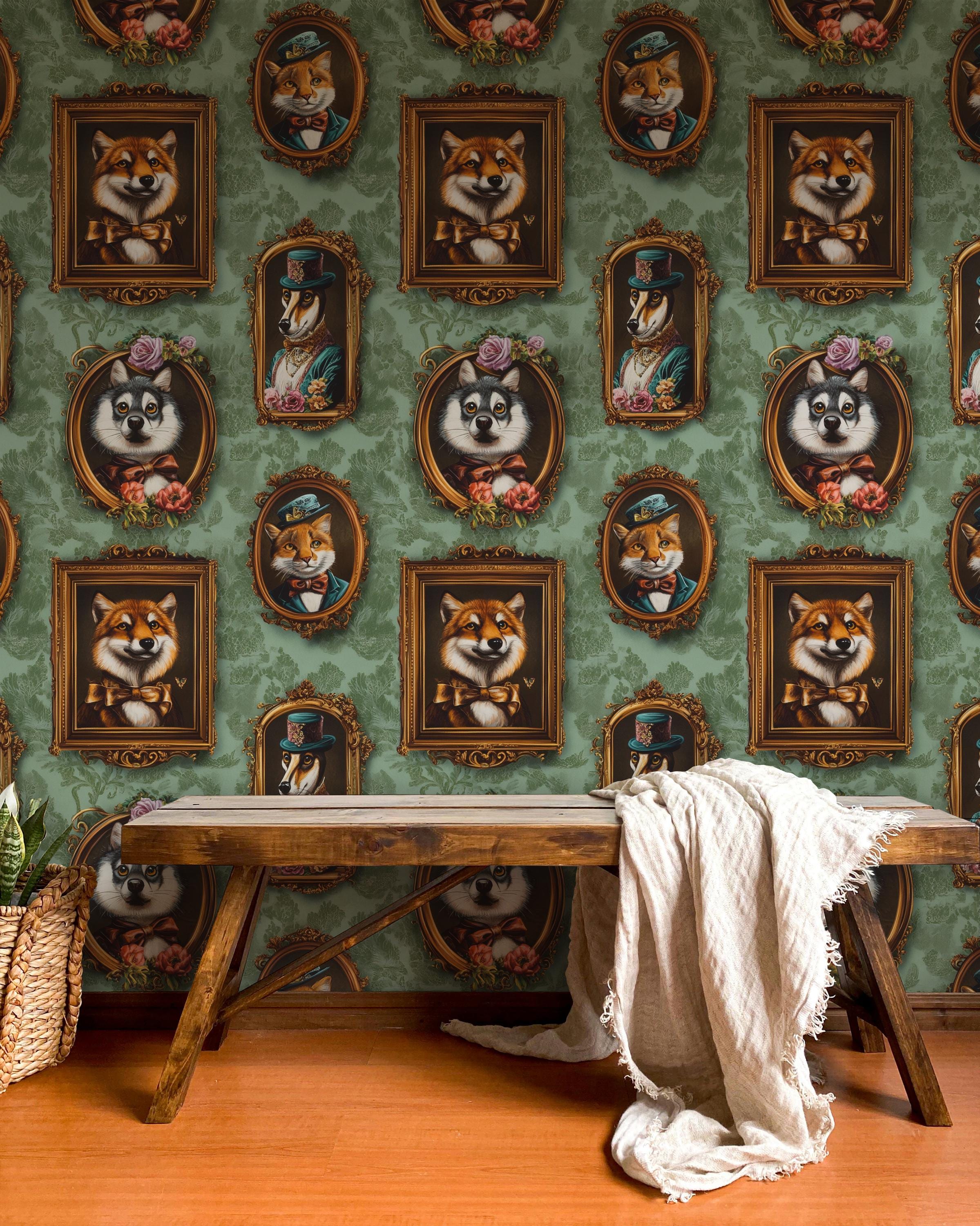 Vintage Animal Portrait Wallpaper, Whimsical Victorian Animal Mural, Peel and Stick Wallpaper, Pet Art Wall Decor, Green Background Design
