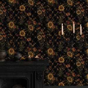 Papel de parede floral escuro com girassol e rosas, design botânico vintage elegante, papel de parede caprichoso