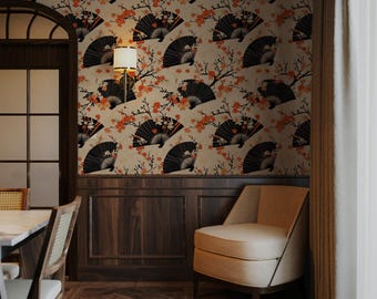 May include: A beige and brown patterned wallpaper with black and orange fans and floral accents. The wallpaper is in a room with a wooden floor and a brown leather chair.