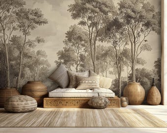 Vintage Forest Wallpaper: Antique Botanical Mural, Sepia Tone - Etsy