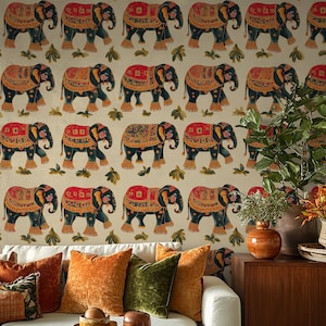 Carta da parati Boho Indian Elephant – Motivo vintage con animali della giungla – Decorazione da parete Boho esotica – Carta da parati rimovibile Peel and Stick