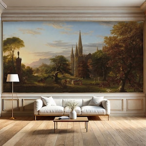 May include: A painting depicting a large, gothic cathedral set in a verdant, green landscape. The cathedral is surrounded by trees and a river, with people and animals in the foreground. The sky is a soft blue with clouds.