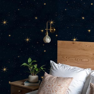 Carta da parati Celestial Starry Night - Stelle blu navy e oro, murale cosmico di lusso, elegante decorazione astronomica, carta da parati spaziale - carta rimovibile