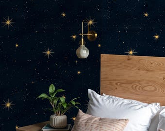 Celestial Starry Night Wallpaper: Navy Blue & Gold Stars, Removable Paper