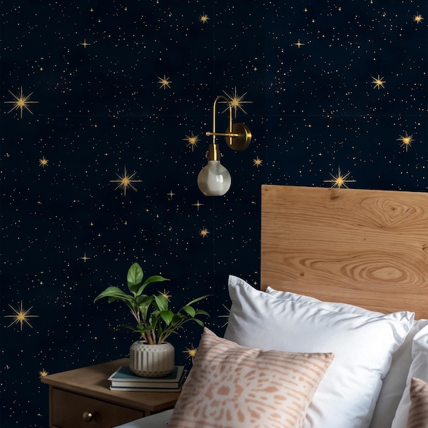 Papel de Parede Noite Estrelada Celestial: Estrelas Azul Marinho e Douradas, Removível