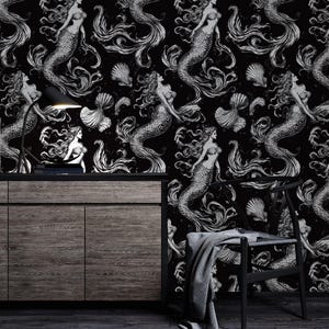 Gothic Mermaid Wallpaper: Black and White Nautical Wall Mural