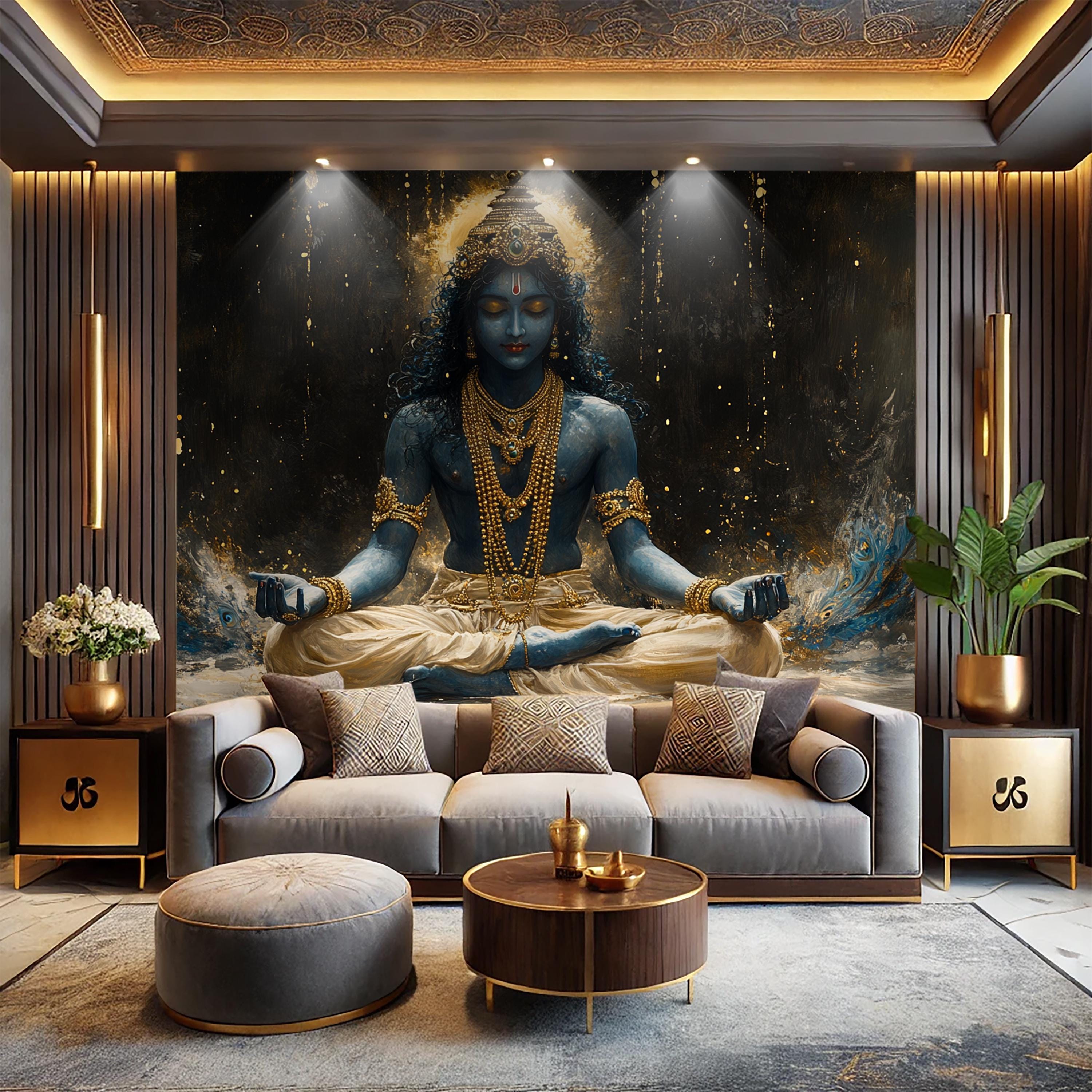 Krishna Meditation Wallpaper: Gold Artistic Design, Peel and Stick ...