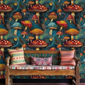 Carta da parati colorata con funghi magici - Decorazione artistica fantasy - Carta da parati rimovibile