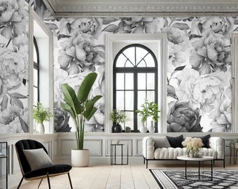 Monochrome Peonies Wallpaper: Elegant Floral Wall Mural (Peel & Stick)