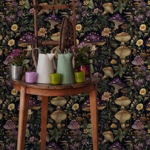 Whimsical Botanical Mushroom Wallpaper - Vintage Nature-Inspired Design for Rustic and Cottagecore Decor - Removable Wallpaper