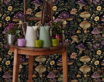 Whimsical Botanical Mushroom Wallpaper - Vintage Nature-Inspired Design for Rustic and Cottagecore Decor - Removable Wallpaper