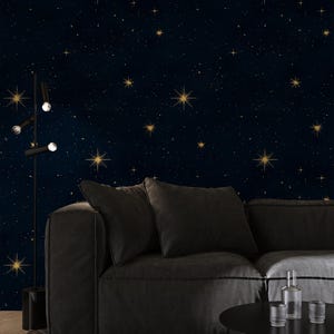 Celestial Starry Night Wallpaper: Navy Blue & Gold Stars, Removable ...
