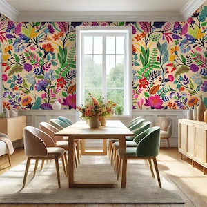 Colorful Floral Wallpaper - Vibrant Botanical Design- Tropical Garden Wallpaper| Peel and Stick Wallpaper- -Removable Wallpaper