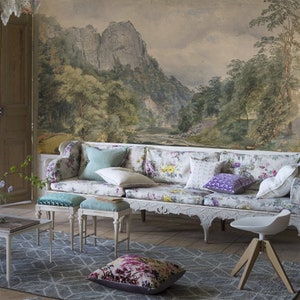Carta da parati vintage con paesaggio montano staccabile e adesiva - Scena naturale serena per l'arredamento del soggiorno - Carta da parati staccabile e adesiva