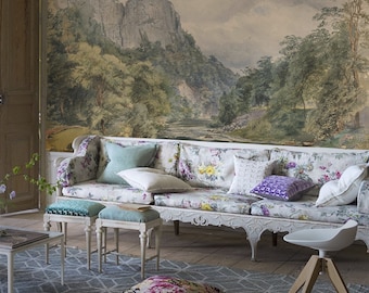 Vintage Mountain Landscape Peel and Stick Wallpaper - Serene Nature Scene for Living Room Decor- Peel and Stick Wallpaper