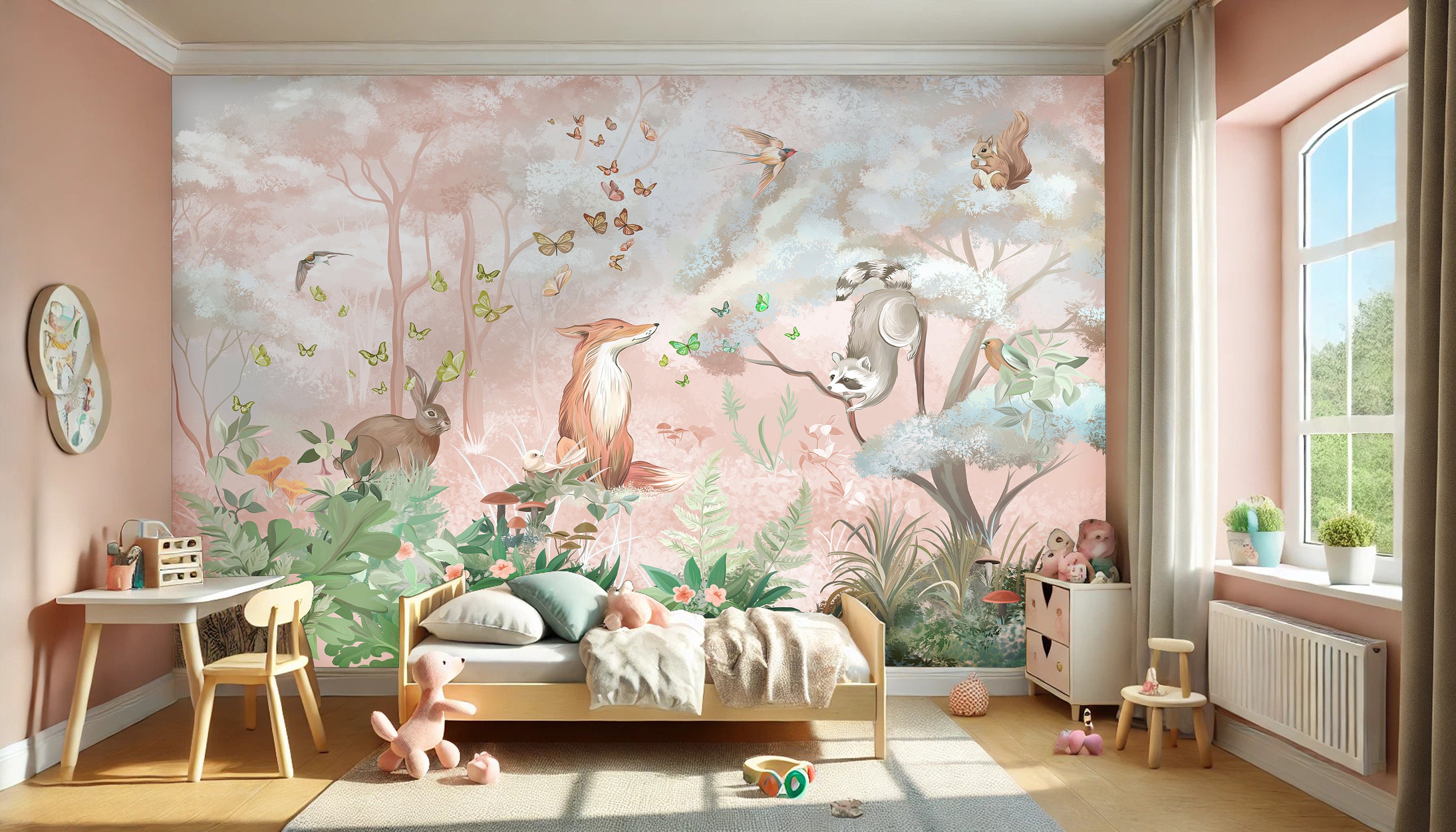 Whimsical Woodland Animals Wallpaper - Enchanting Forest Theme for Children's Room Decor - Peel and Stick Wallpaper -Removable Wallpaper