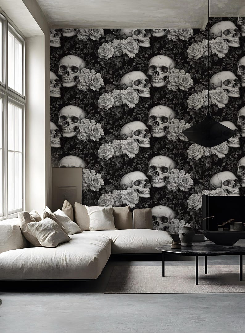 Buy Gothic Floral Skull Wallpaper Vintage Black & White Skull and Rose