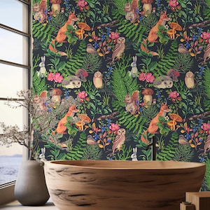 Magic forest pattern.Forest Animals Pattern Wallpaper - Nature and Floral Themed Elegant Design, Black Wallpaper, Woodland