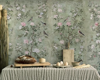 Chinoiserie Floral Bird Wallpaper: Botanical Peel and Stick Wall Art