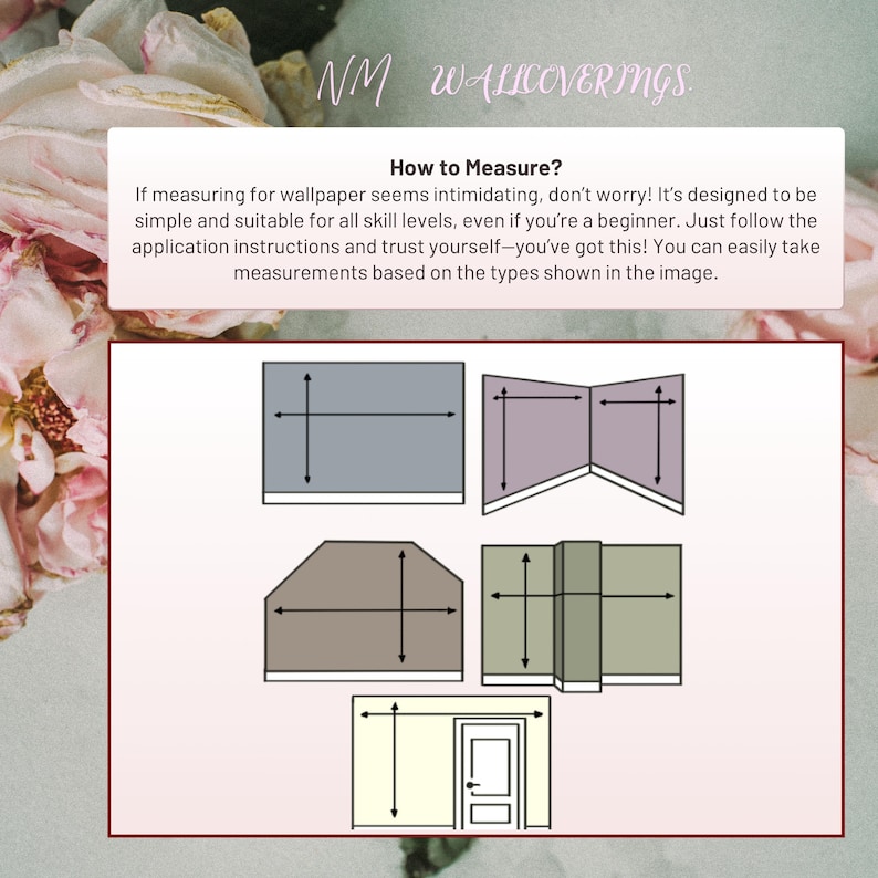 May include: Diagrams illustrating how to measure for wallpaper, with examples of different wall shapes and door placement. The image includes text that reads "How to Measure?" and "NM Wallcoverings."