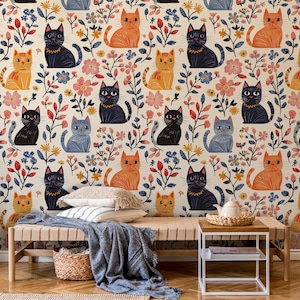 Floral Cat Wallpaper: Whimsical Peel and Stick Nursery Mural