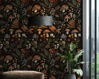 Vintage Mushroom Wallpaper: Dark Botanical Forest, Peel and Stick