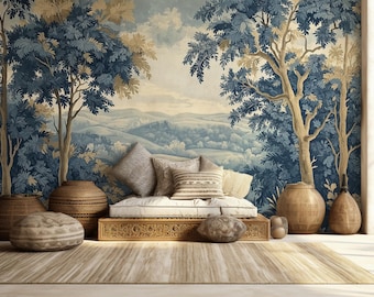 Papel pintado de paisaje azul: Escena de naturaleza vintage despegable y adhesiva