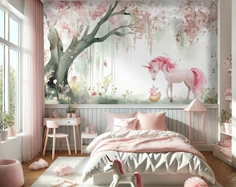 Pastel Unicorn and Baby Theme Wallpaper for Kids&#39; Room - Pink Background - Peel and Stick Wallpaper -Removable Wallpaper
