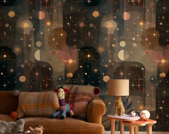Mid Century Celestial Wallpaper | Retro Starburst Abstract Space Wall Decor