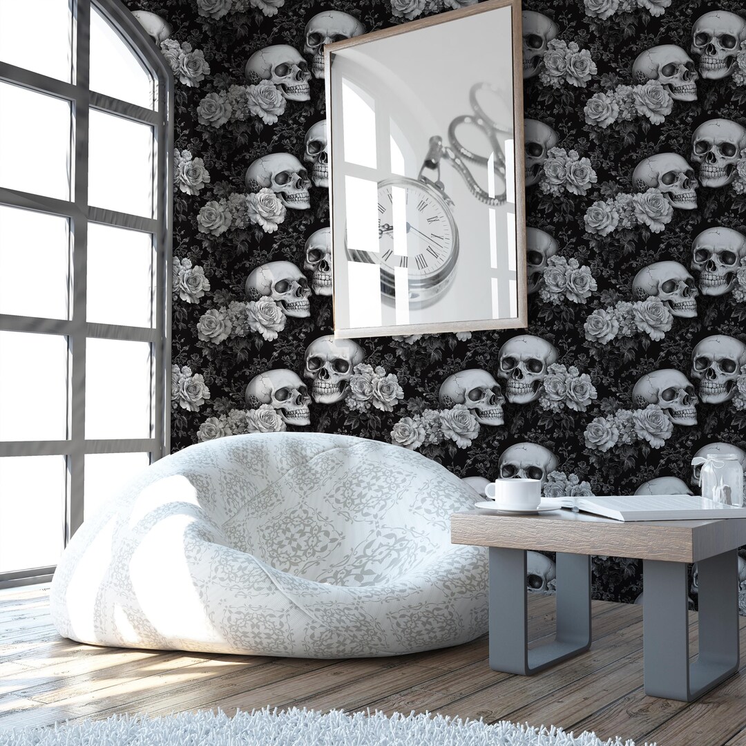 Buy Gothic Floral Skull Wallpaper Vintage Black & White Skull and Rose