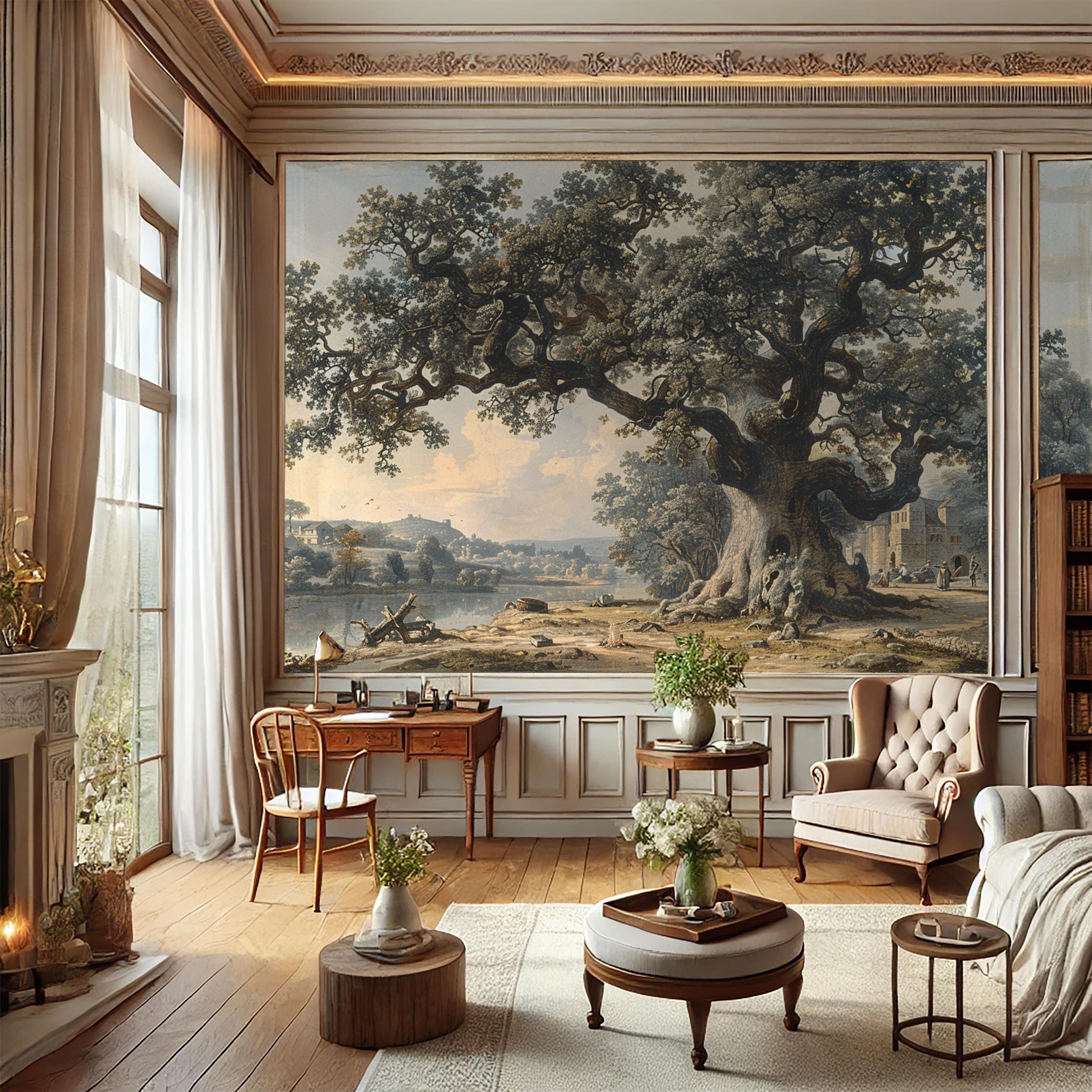 Vintage Tree Landscape Wallpaper: Rural Scenery Wall Mural, Peel and ...